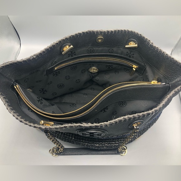 Tory Burch Marion Raffia Straw Tote Blue Black Stripes Leather Trimmed + Wallet - Picture 5 of 16